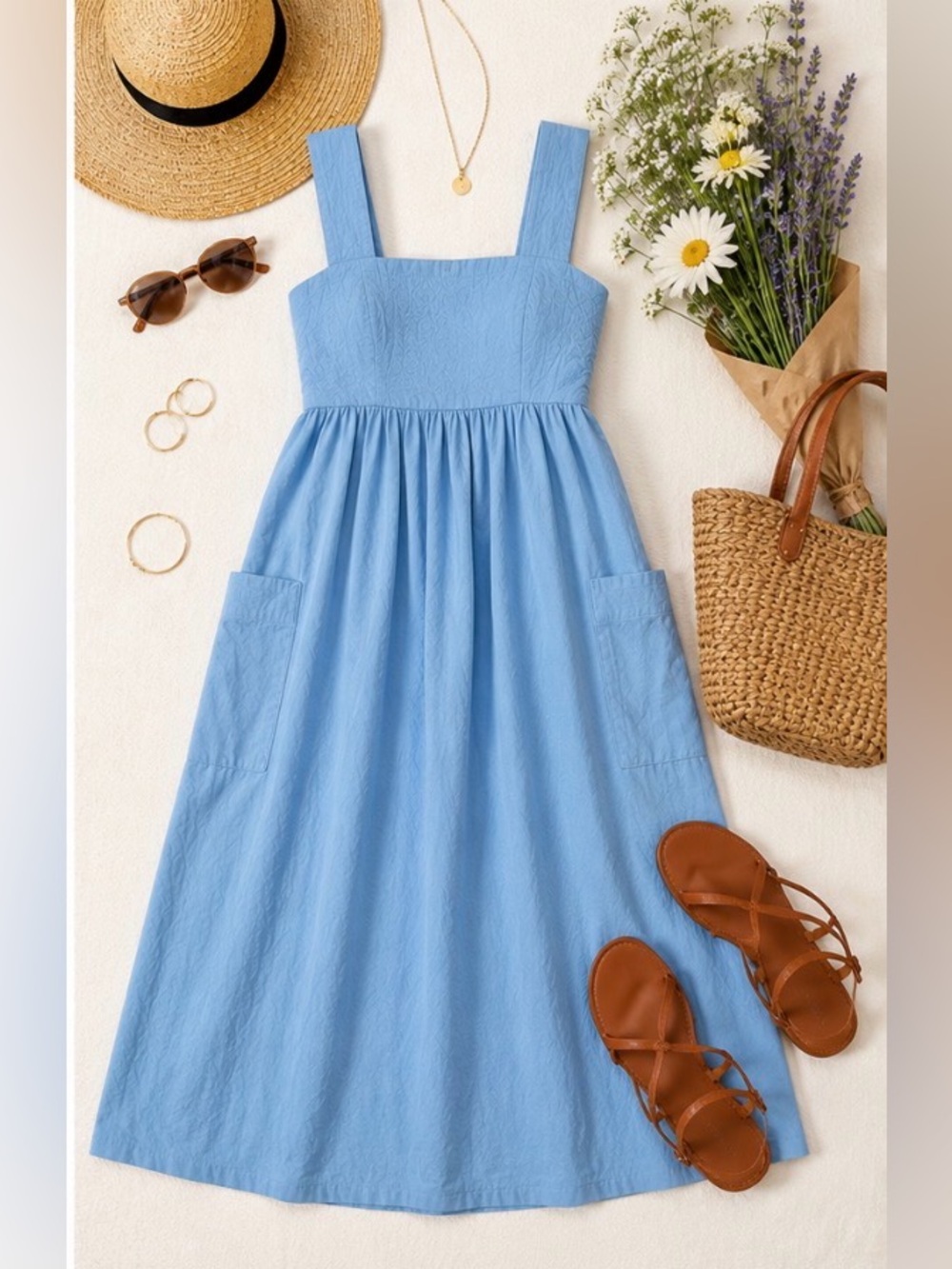Madewell Light Blue Square Neck summer cotton Midi Dress with Pockets S